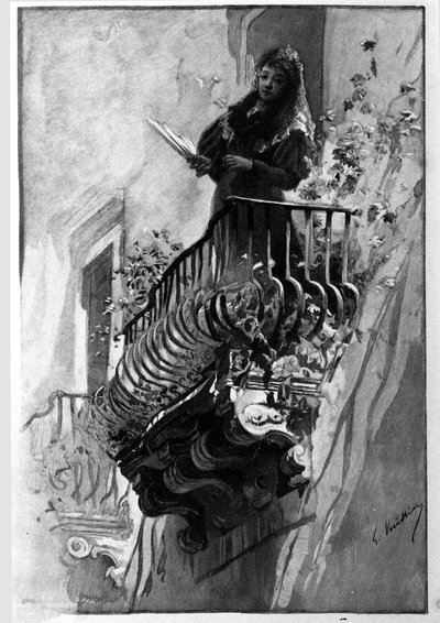 Una bella donna ha il suo balcone fiorito una sera d