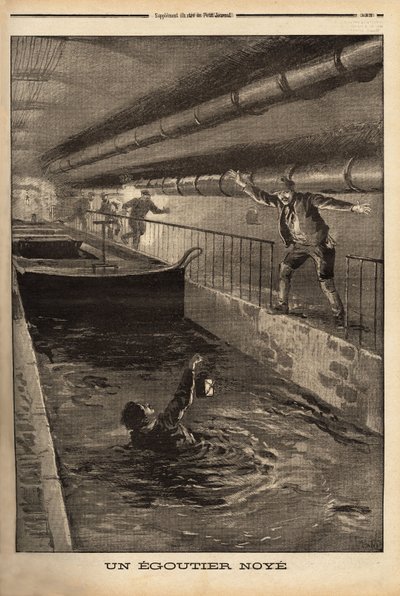 Un segugio di Parigi annega pulendo una derivazione fangosa. Incisione in "Le petit journal" 15/9/1899. Collezione Selva da Unknown artist