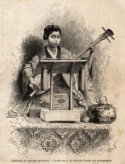 Una cantante di leggende nazionali, che suona lo shamisen per accompagnare il suo canto, seduta dietro il suo banco. Incisione per illustrare il viaggio in Giappone, nel 1863-1864, di Aime Humbert, ministro della Confederazione Svizzera, in 