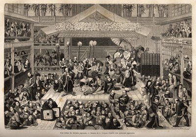 Un palco del teatro giapponese, a Yokohama, con tre gallerie per la ricezione degli spettatori; gli attori recitano su un palco alto, ciascuno accompagnato da un uomo che tiene un lungo bastone alla cui estremità è fissata una candela; durante la rappresen da Unknown artist