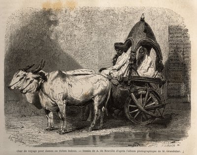 Un carro da viaggio trainato da due buoi bianchi, per signore o indù benestanti. Incisione per illustrare il viaggio nelle province meridionali dell