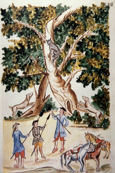 Un gatto selvatico si appollaia su un albero, i cacciatori lo attendono, dal libro "Trujillo del Peru" o "Codice Martínez Compañón", di Baltazar Martinez Compañón y Bujanda, vescovo di Trujillo (1782-1785) da Unknown artist