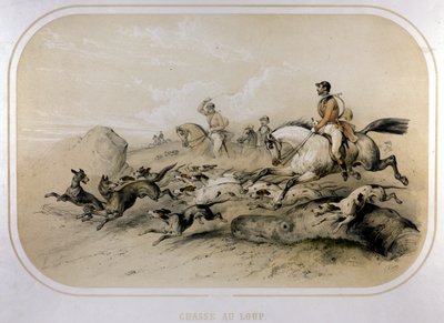 Una caccia al lupo. Incisione del XIX secolo. da Unknown artist