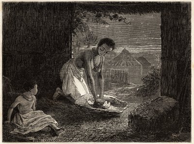 Una donna che macina il grano in un bruciatore, il mulino consiste in un blocco di granito stazionario a forma di trogolo e un pezzo di quarzo convesso. Incisione per illustrare i primi viaggi del Dr. Livingstone nell