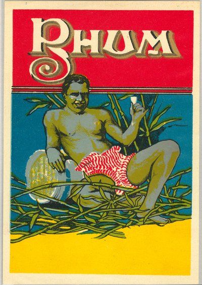 Un giovane uomo di colore nudo che tiene un bicchiere di rum (pubblicità) (cromolitografia) da Unknown artist