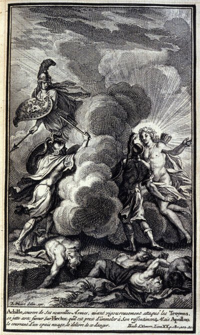 Achille, coperto con le sue nuove armi, dopo aver attaccato con rigore i Troiani, si scaglia con furia su Ettore, che è pronto a massacrare per il suo risentimento, ma Apollo lo copre con una fitta nube e lo libera da questo pericolo. Illustrazione del lib da Unknown artist