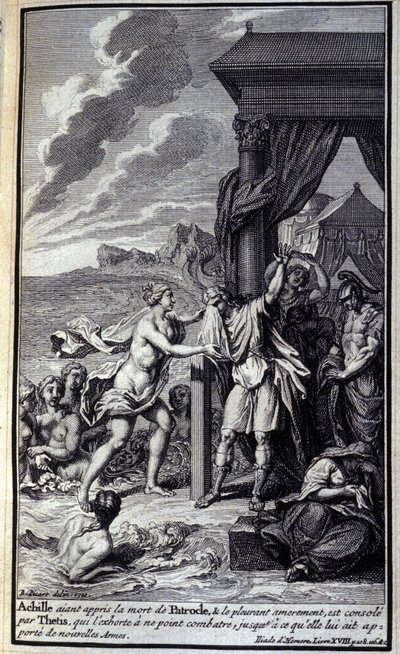 Achille, avendo saputo della morte di Patroclo e piangendolo amaramente, è consolato da Teti, che lo esorta a non combattere, finché non gli porterà nuove armi. Illustrazione del libro XVIII dell