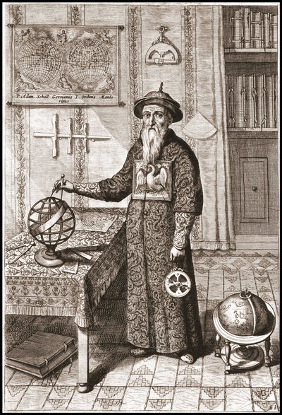 Adam Schall, astronomo (1592-1666) in costume mandarino, con globi terrestri e celesti e astrolabio - in “China” di Athanase Kircher da Unknown artist