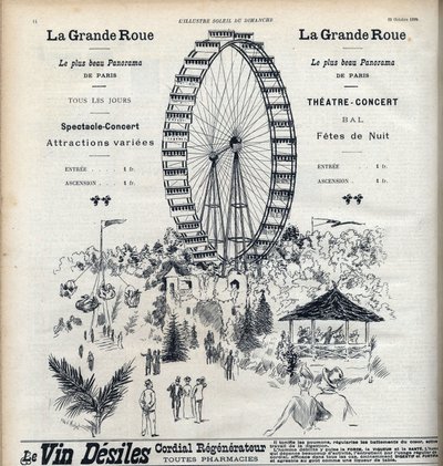 Pubblicità per la Ruota Panoramica di Parigi che offre il panorama più bello della città per 1 franco. Incisione in "Le soleil-du-dimanche" da Unknown artist