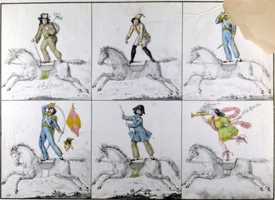 Acrobazie: esercizi acrobatici a cavallo. Incisione. da Unknown artist