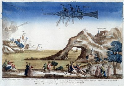 Pesce aerostatico sollevato a Plazentia, Spagna, diretto da Dom Joseph Patinho, volando verso la città di Coria sulle rive del fiume Arragon (12 leghe da Plazentia) il 10 marzo da Unknown artist