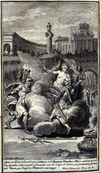 Dopo un solenne accordo tra Greci e Troiani, Menelao e Paride entrarono in un singolare duello. Paride, pronto a soccombere sotto i colpi di Menelao, viene salvato da Venere che lo porta a Troia in una nuvola. Illustrazione del libro III dell