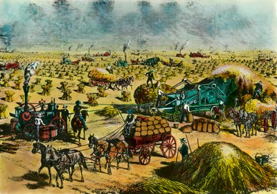 Rivoluzione agricola: raccolta del grano in Dakota con macchine a vapore nel XIX secolo da Unknown artist