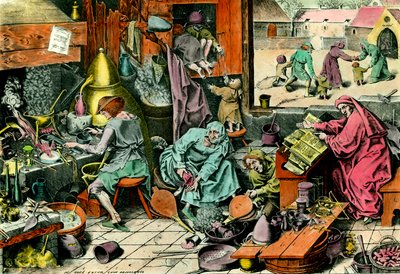 Laboratorio di alchimia Un alchimista consulta un grimorio. Incisione del XVI secolo Collezione privata da Unknown artist
