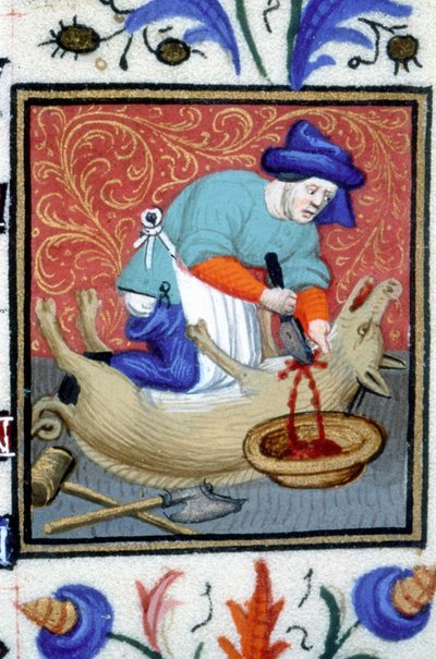 Rappresentazione allegorica di dicembre. Un macellaio uccide un maiale. Miniatura di un manoscritto del XIV secolo da Unknown artist