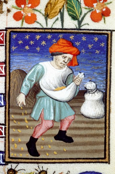 Rappresentazione allegorica di ottobre. Un contadino che semina grano. Miniatura di un manoscritto del XIV secolo da Unknown artist