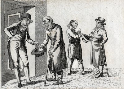 Mendicanti che tendono cappelli per raccogliere monete. Incisione di fine XVIII secolo. Collezione privata. da Unknown artist