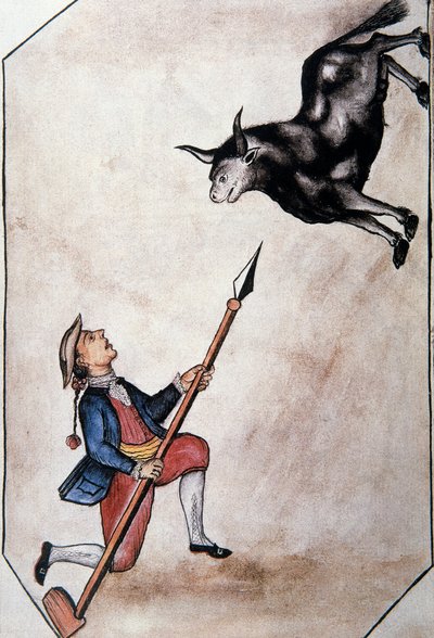 Un indiano che punta un toro con la sua lancia, dal libro "Trujillo del Peru" o "Codice Martínez Compañón", di Baltazar Martinez Compañón y Bujanda, vescovo di Trujillo (1782-1785) da Unknown artist