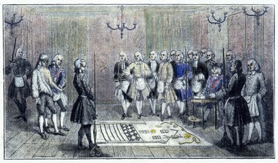 Una loggia di apprendisti a Parigi, circa 1740: questa scena raffigura la ricezione di un "apprendista" massone (sul pavimento il dipinto della loggia degli apprendisti) - secondo un