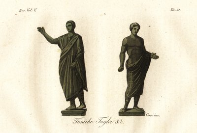 Antiche statue etrusche che mostrano uomini che indossano la toga, tunica, calzari, ecc. da Unknown artist
