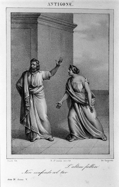 Antigone Atto IV, scena 5. Tragedia italiana di Vittorio Alfieri scritta nel 1783 dopo la mitologia greca. Incisione del XVIII secolo da Unknown artist