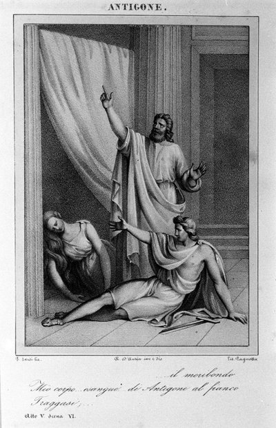 Antigone Atto V, scena 6. Tragedia italiana di Vittorio Alfieri scritta nel 1783 dopo la mitologia greca. Incisione del XVIII secolo da Unknown artist