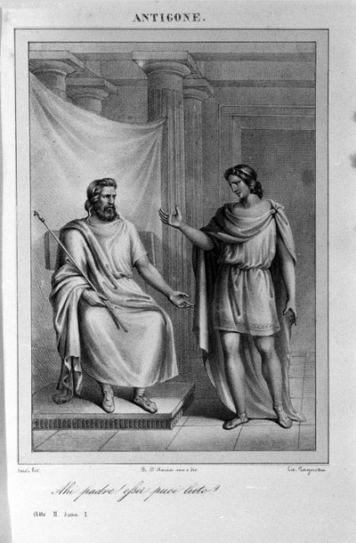Antigone Atto II, scena 1. Tragedia italiana di Vittorio Alfieri scritta nel 1783 dopo la mitologia greca. Incisione del XVIII secolo da Unknown artist