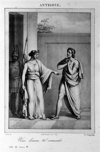 Antigone Atto I, scena 3. Tragedia italiana di Vittorio Alfieri scritta nel 1783 dopo la mitologia greca. Incisione del XVIII secolo da Unknown artist