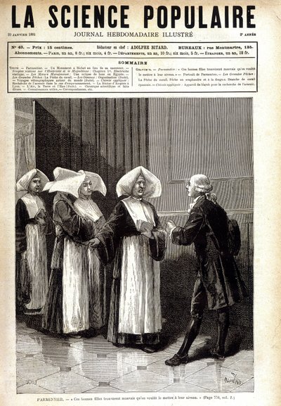 Antoine Augustin Parmentier (1737 - 1813), farmacista noto per la diffusione della coltivazione della patata in Francia, che parla alle suore. in "La science populaire" 20/01/1881 da Unknown artist