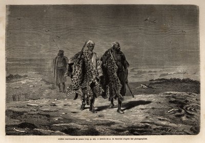Beduini arabi, mercanti di pelli di pantera e lana di pecora, in viaggio verso il mercato di Baghdad (Iraq). Incisione per illustrare il viaggio in Babilonia, nel 1866, di Guillaume Lejean, in 