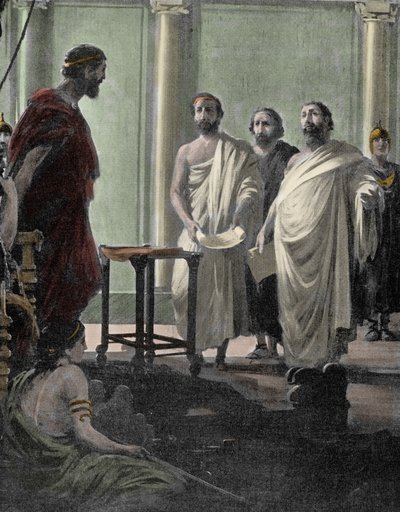 Generale e politico ateniese Alcibiade (450 a.C.-404 a.C.), discepolo di Pericle e Socrate, richiamato nel 407 dal regime democratico di Atene dopo il suo esilio. Incisione del XIX secolo da Unknown artist
