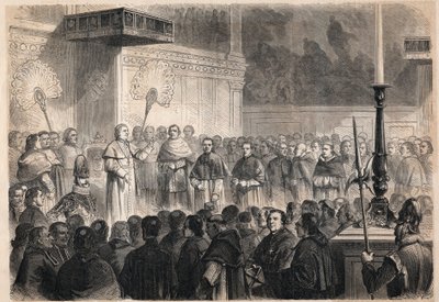 Udienza concessa da Papa Pio IX (1792-1878) a ecclesiastici stranieri nella Cappella Sistina a Roma in occasione delle celebrazioni della canonizzazione dei 26 "martiri del Giappone", un gruppo di cattolici crocifissi in Giappone nel 1597 da Unknown artist