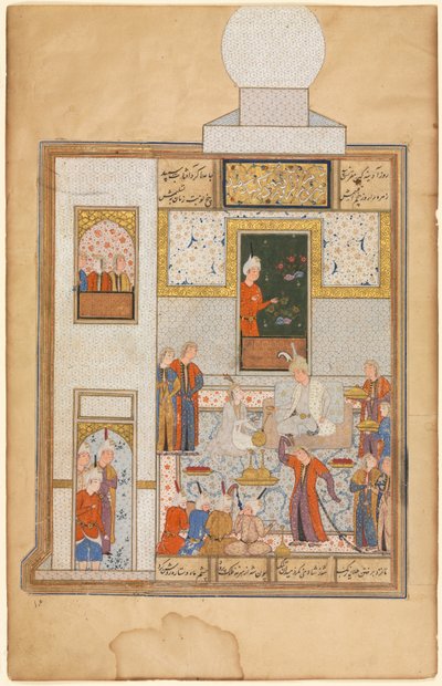 Bahram Visita il Padiglione dalla Cupola Bianca di Venerdì, illustrato con testo nel Khamsa di Nizami (verso), da un Haft Paykar (Sette Ritratti) di Nizami da Unknown artist