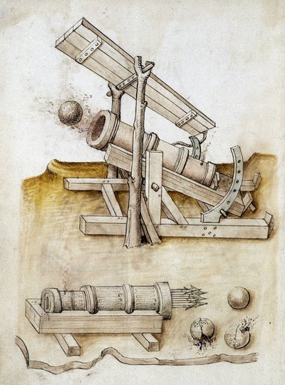 Cannone a palla e cannone a freccia - Manoscritto: foglio di pergamena di un manuale di ingegneria per la costruzione di edifici civili, religiosi e militari, anonimo, fine XV secolo da Unknown artist