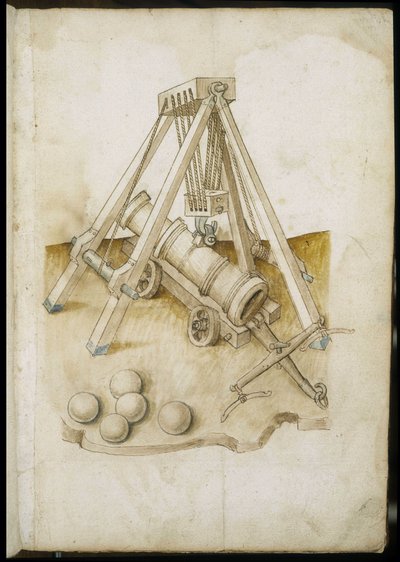 Cannone a palla e ascensore - Manoscritto: foglio di pergamena di un manuale di ingegneria per la costruzione di edifici civili, religiosi e militari, anonimo, fine XV secolo da Unknown artist