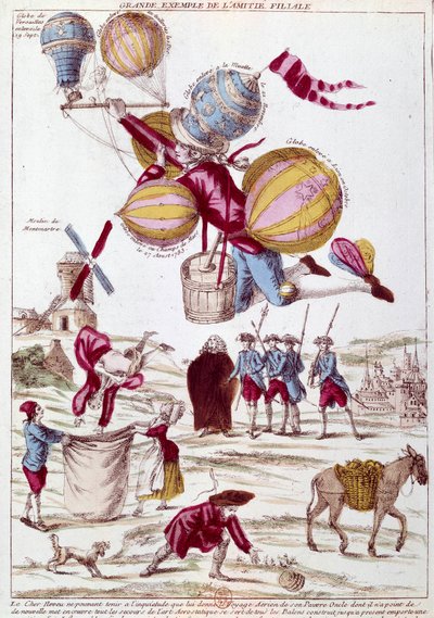 Volo in mongolfiera: un nipote, preoccupato di non ricevere notizie dallo zio in viaggio in mongolfiera, fa di tutto per raggiungerlo, e decolla con tutte le mongolfiere costruite (Lione, Champs de Mars, La Muette, Versailles) per sorvolare Parigi. Incisio da Unknown artist