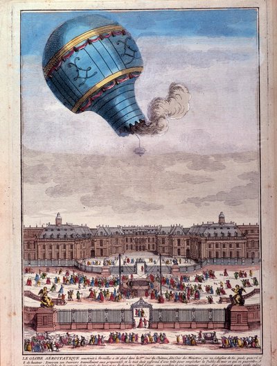 Volo in mongolfiera: esperienza dei fratelli Montgolfier davanti al castello di Versailles nel settembre 1783 da Unknown artist