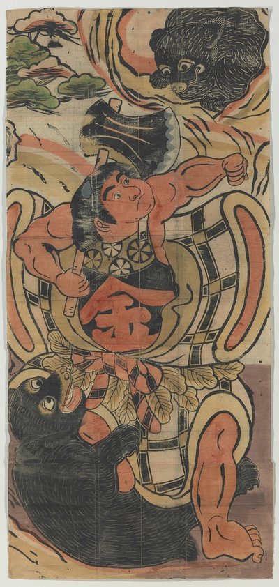 Striscione raffigurante Kintaro che combatte contro gli orsi da Unknown artist