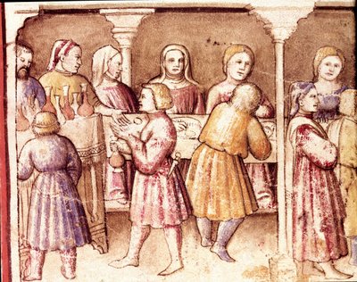 Scena di banchetto in una ricca dimora di Padova Miniatura dal codice 212 (o codice padovano o Bibbia di Padova) 1390-1400 Rovigo, Accademia dei Concordi da Unknown artist