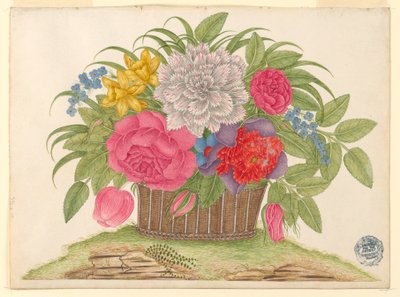 Cesto di fiori e foglie sulla terra da Unknown artist