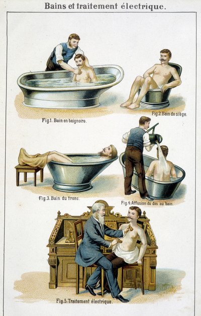 Bagni e trattamenti elettrici: 1) Vasca da bagno, 2) Bagno a sedile, 3) Bagno al tronco, 4) Bagno alla schiena, 5) Trattamento elettrico - in "Bilz, Natural Medication", fine XIX secolo da Unknown artist