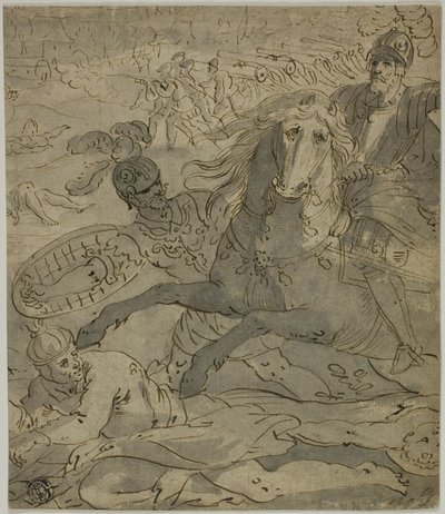 Scena di battaglia con generale in carica a cavallo in primo piano, artiglieria e cannoni sullo sfondo da Unknown artist