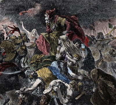 Battaglia dei Campi Catalaunici, dove i Romani, i Franchi e i Visigoti riuniti sconfiggono gli Unni di Attila e gli Ostrogoti vicino a Troyes, Aube - Invasioni barbariche da Unknown artist