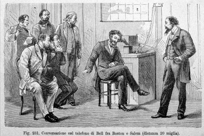 Conversazione telefonica Bell tra Boston e Salem (distanza di 20 miglia). Incisione del XIX secolo da Unknown artist