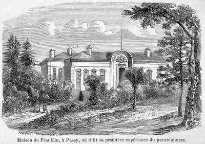 Casa di Benjamin Franklin a Passy, dove fece la sua prima esperienza con il parafulmine - incisione da Unknown artist