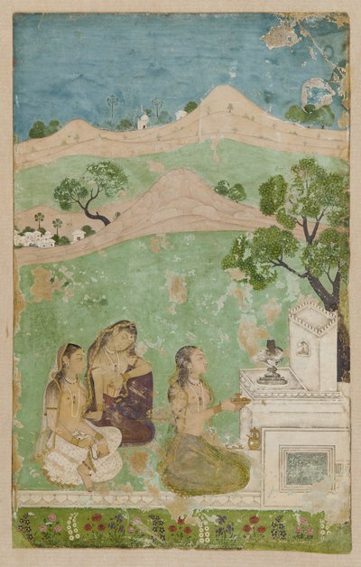 Bhairavi Ragini (un modo musicale): tre figure davanti a un santuario da Unknown artist