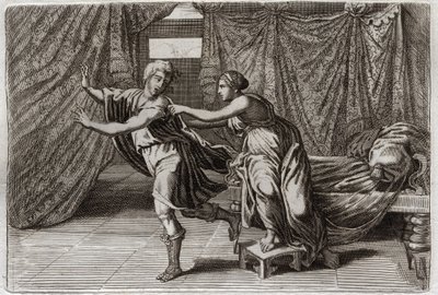 Bibbia di Royaumont, Antico Testamento: Castità di Giuseppe. Giuseppe sollecitato dalla moglie di Putifarre e imprigionato. Illustrazione del 1811. da Unknown artist