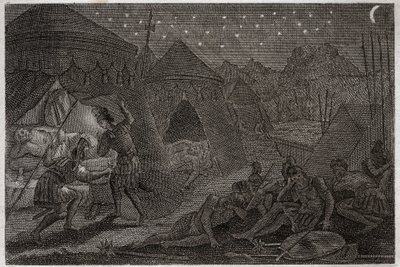 Bibbia di Royaumont, Antico Testamento: Davide risparmia Saul. Davide ha Saul nelle sue mani, ma non lo ferisce. Prende solo la lancia e la sua coppa. Illustrazione del 1811. da Unknown artist