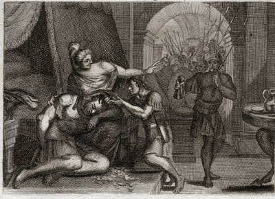 Bibbia di Royaumont, Antico Testamento: Morte di Sansone. Sansone rivela a Dalila che la sua forza risiede nei suoi capelli. Lei gli taglia i capelli e fa entrare i soldati filistei nella stanza. Illustrazione del 1811. da Unknown artist