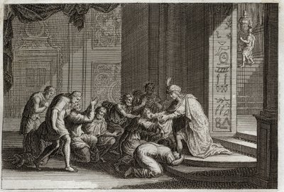 Bibbia di Royaumont, Antico Testamento: Giuseppe riconosciuto dai suoi fratelli. Illustrazione del 1811. da Unknown artist